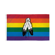 A rainbow flag with two feathers and a circle in the center.