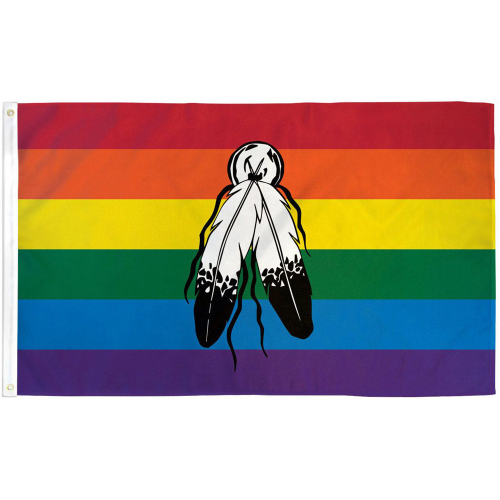 A 3x5' polyester Two Spirit Rainbow Pride flag with two white feathers and a black circle in the center.