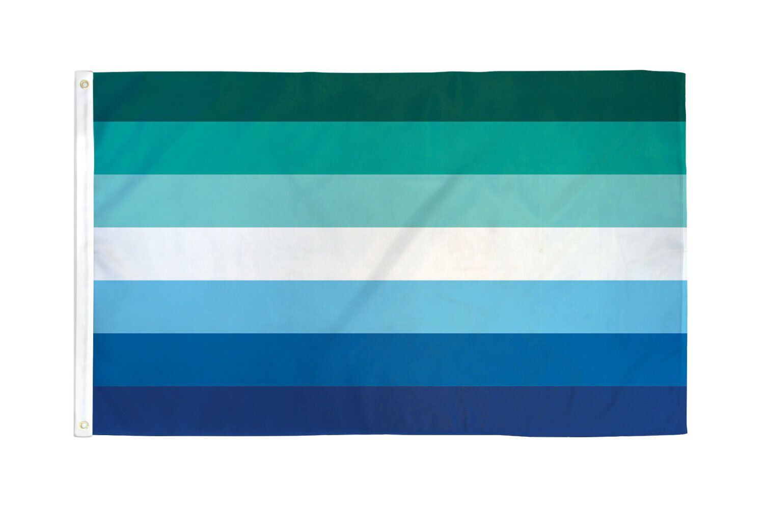 A gay male pride flag with seven horizontal stripes in shades of green, teal, white, and blue.