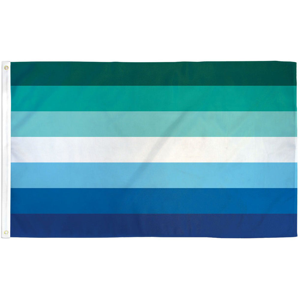 A gay male pride flag with seven horizontal stripes in shades of green, teal, white, and blue.
