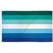 A gay male pride flag with seven horizontal stripes in shades of green, teal, white, and blue.