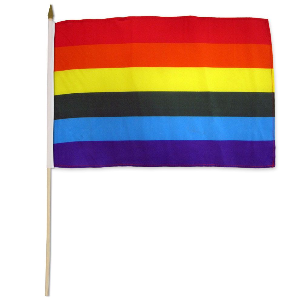 Rainbow pride stick flag with six horizontal stripes on a wooden pole.