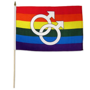 Rainbow pride flag with two interlocking male symbols on a stick.