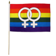 Rainbow double Venus pride stick flag with a wooden handle.