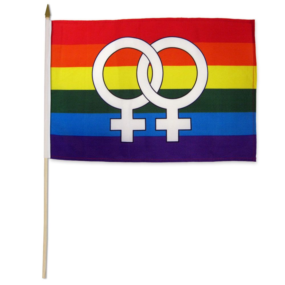 Rainbow double Venus pride stick flag with a wooden handle.