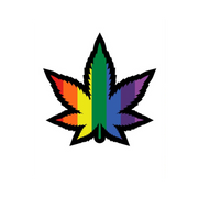 Rainbow weed leaf lapel pin with black outline.