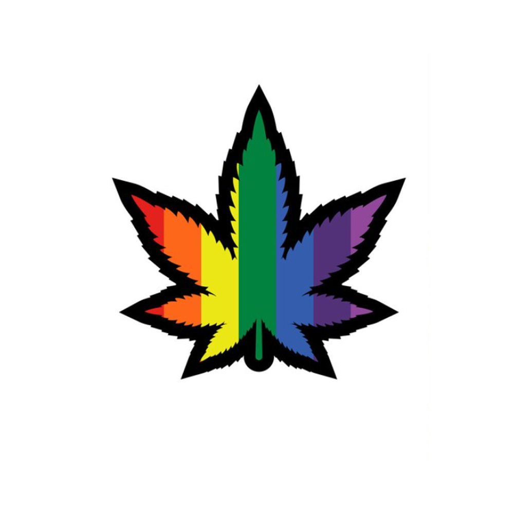 Rainbow weed leaf lapel pin with black outline.