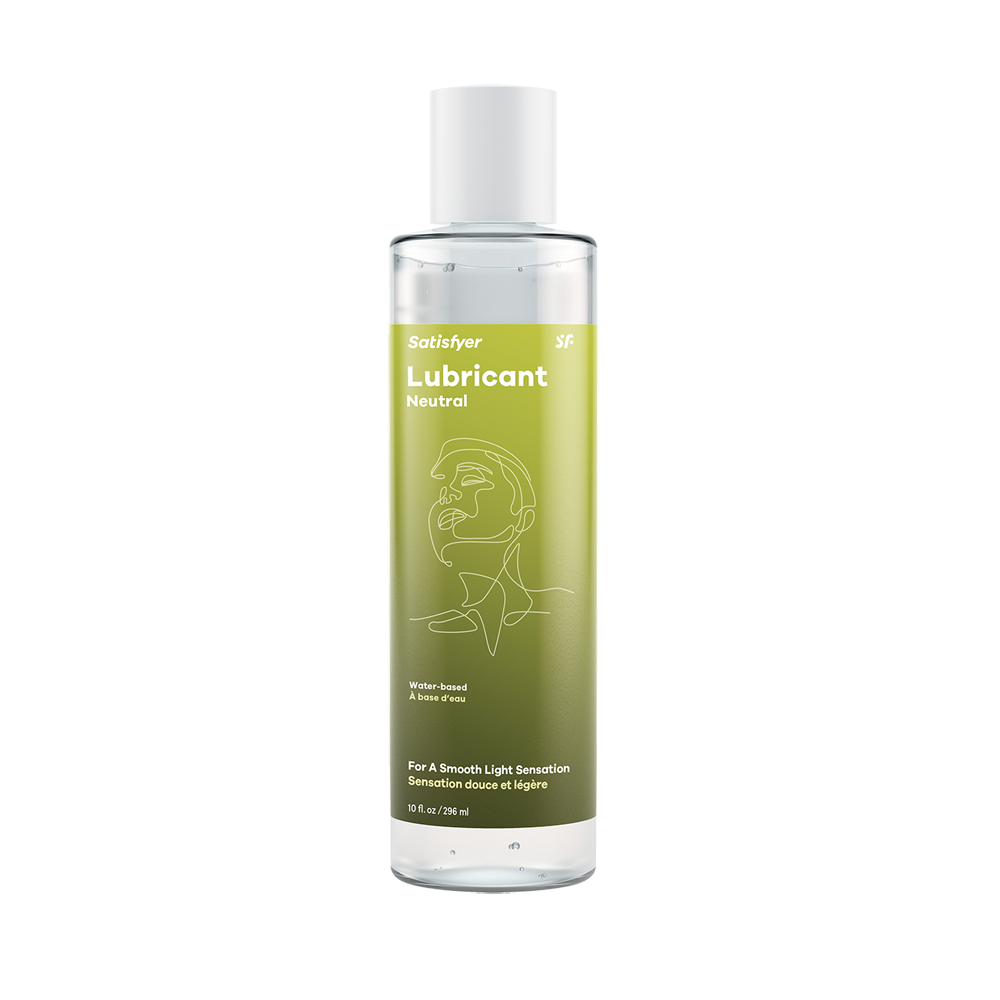 Satisfyer water-based neutral lubricant in a clear bottle with a green gradient label.