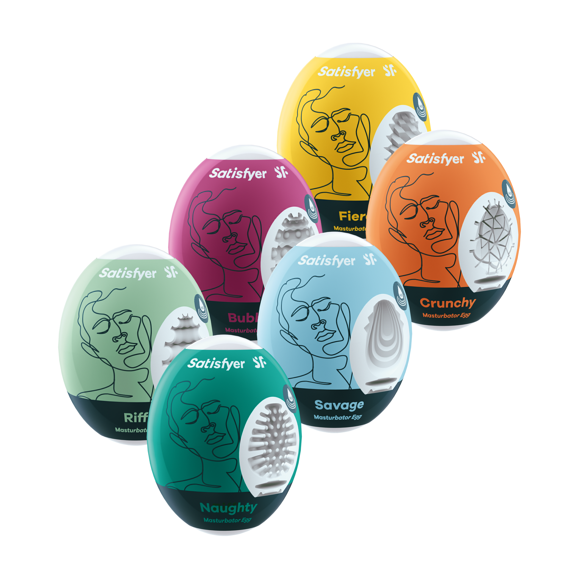 Six assorted Satisfyer masturbator eggs in various colors and textures.