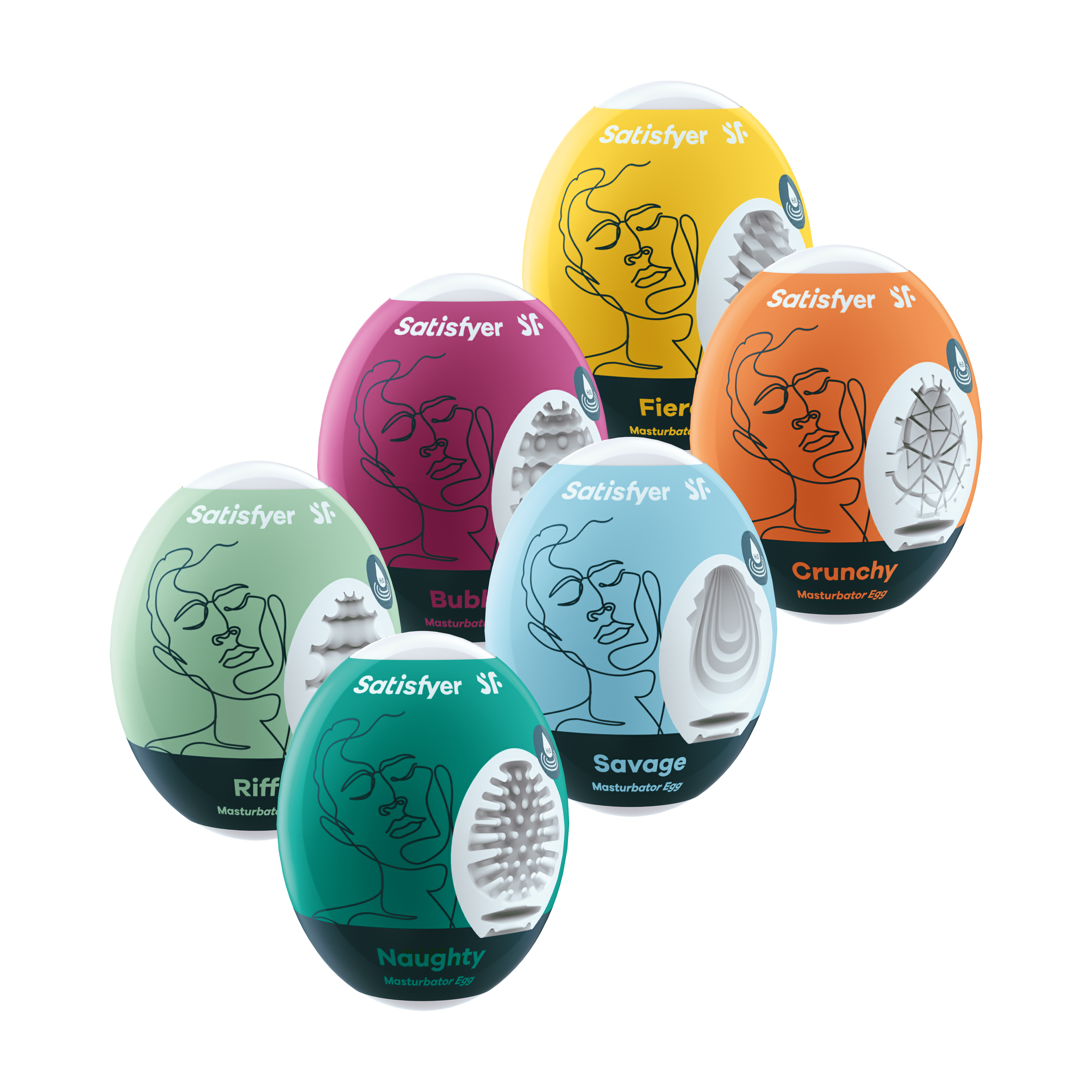 Six assorted Satisfyer masturbator eggs in various colors and textures.