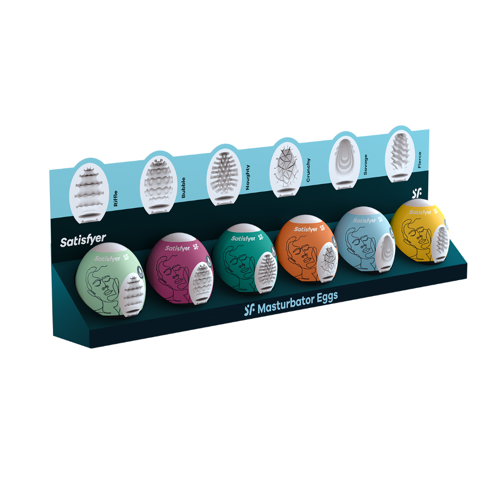 Satisfyer Masturbator Egg 6-piece set in assorted colors and textures.