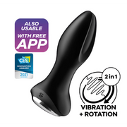 Black app-controlled rotating anal vibrator with vibration and rotation features.