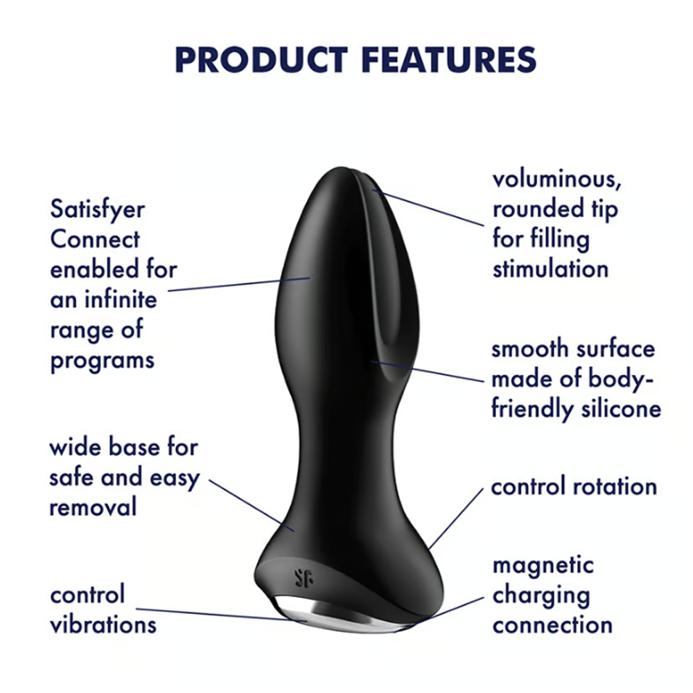 Black app-controlled rotating anal vibrator with a rounded tip and wide base.