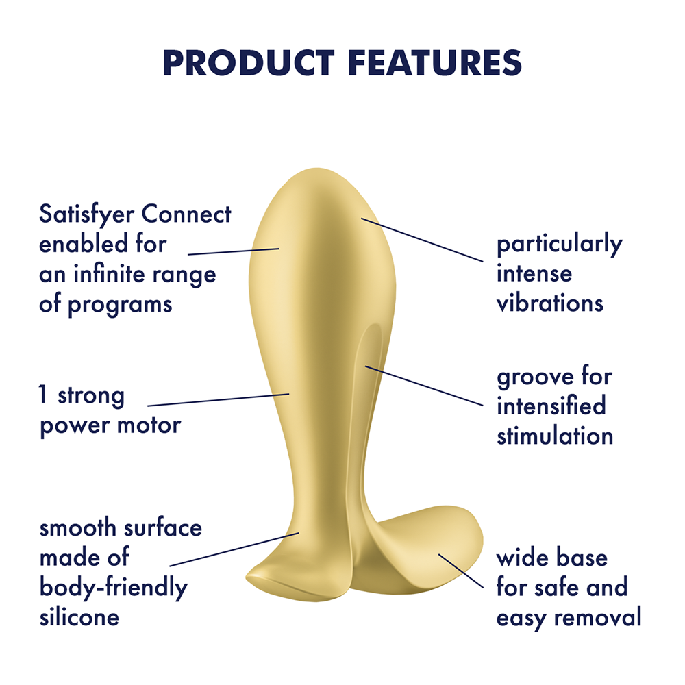Gold app-controlled vibrating anal plug with a smooth silicone surface.