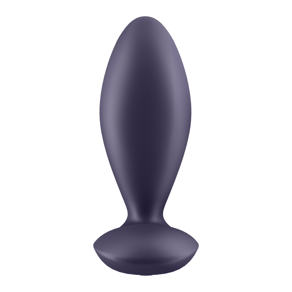 A dark purple silicone vibrating anal plug with a flared base.