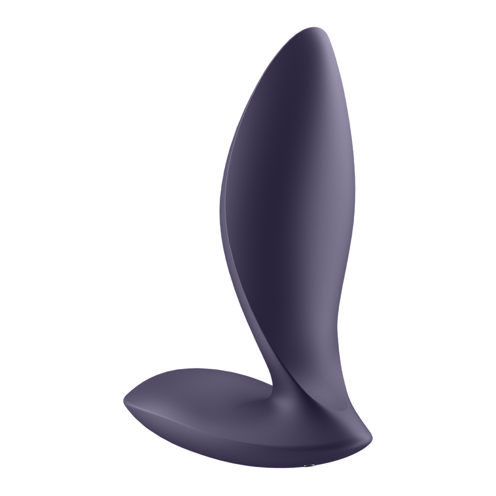 A purple silicone vibrating anal plug with a curved base.
