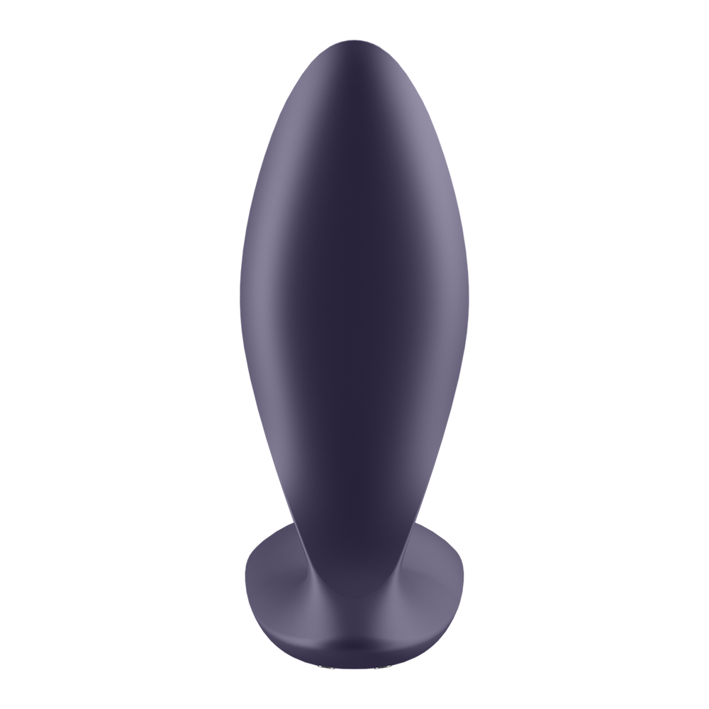 App-controlled vibrating anal plug made of purple silicone.