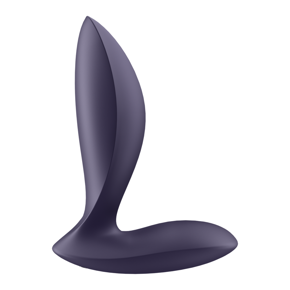 App-controlled vibrating anal plug made of purple silicone.