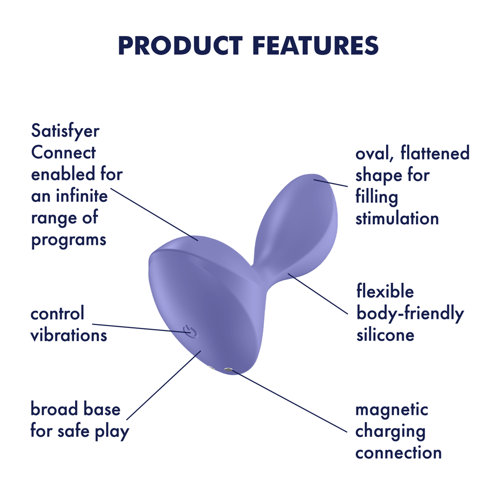 A purple silicone anal vibrator with features like app control, flexible body-friendly silicone, and magnetic charging.