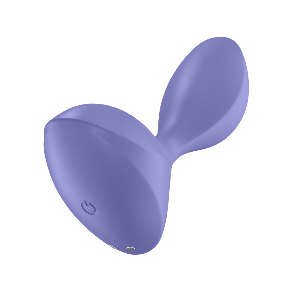 A purple silicone anal vibrator with a power button.