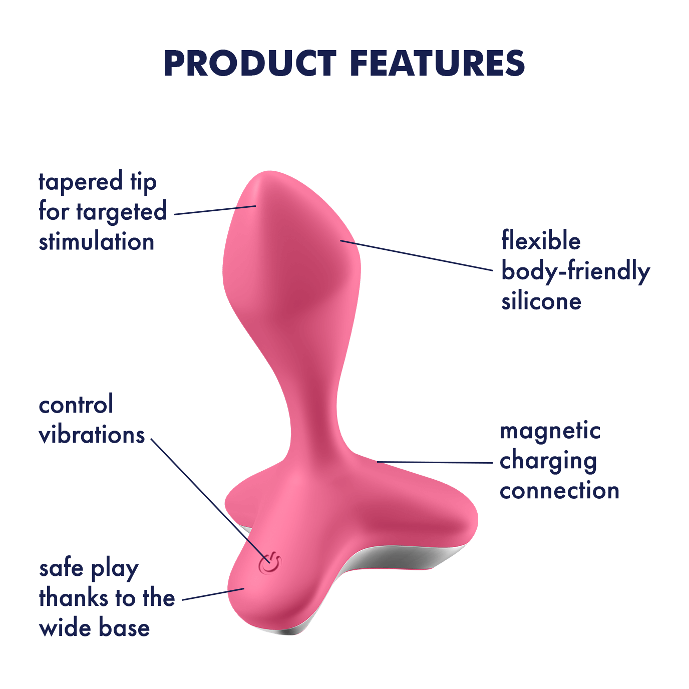 Pink anal vibrator with tapered tip, wide base, and magnetic charging.
