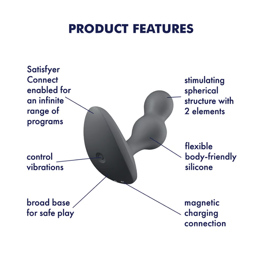 Grey silicone anal vibrator with app-controlled vibrations and a wide base.