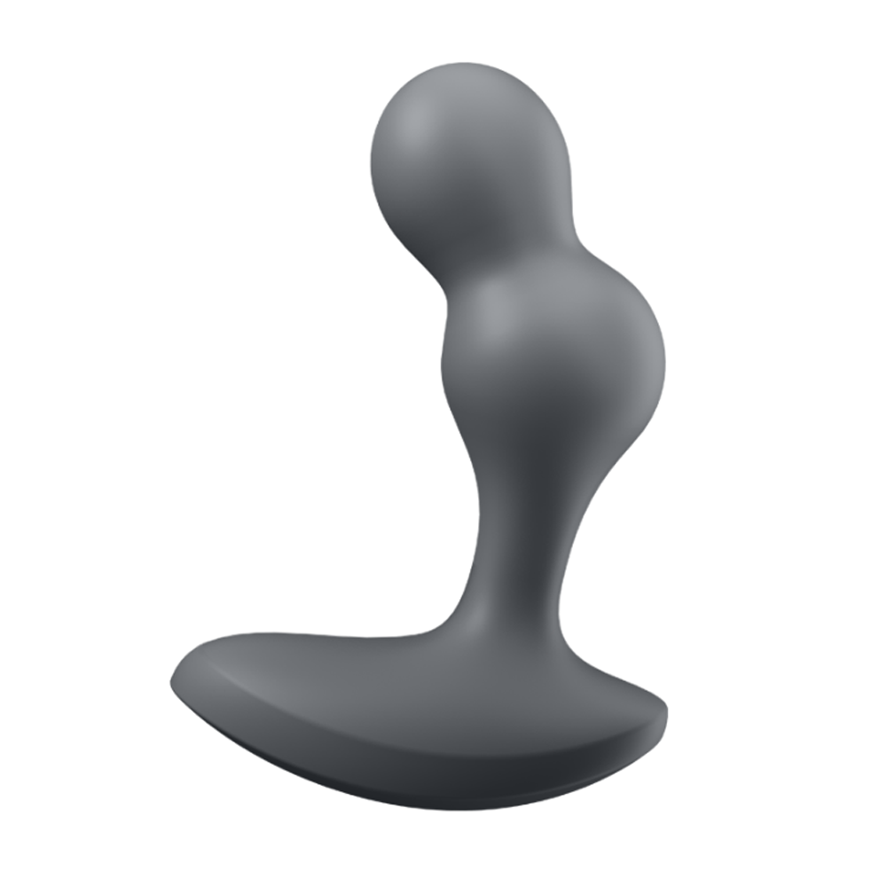 Grey silicone anal vibrator with a wide base and a bulbous tip.