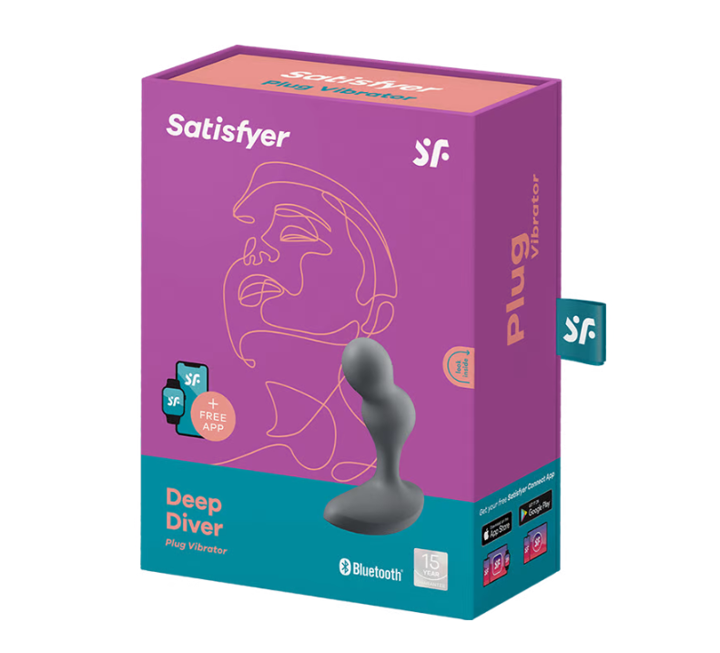 Satisfyer Deep Diver grey silicone anal vibrator in its packaging.