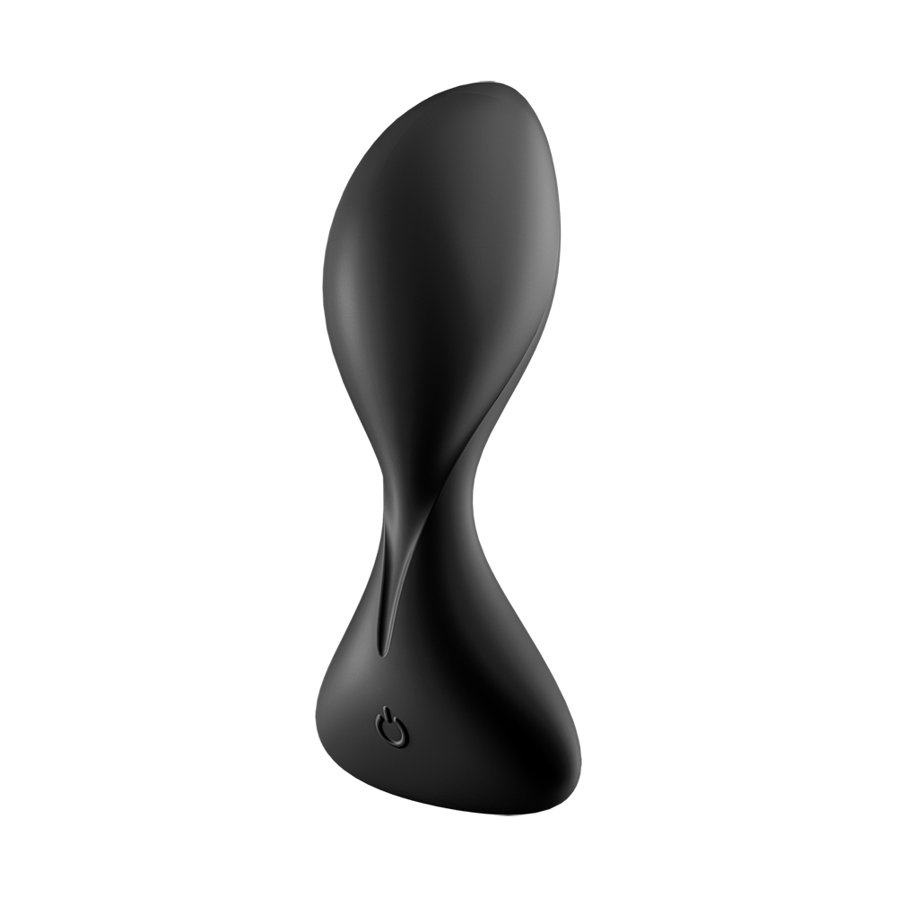Black silicone anal vibrator with a power button.