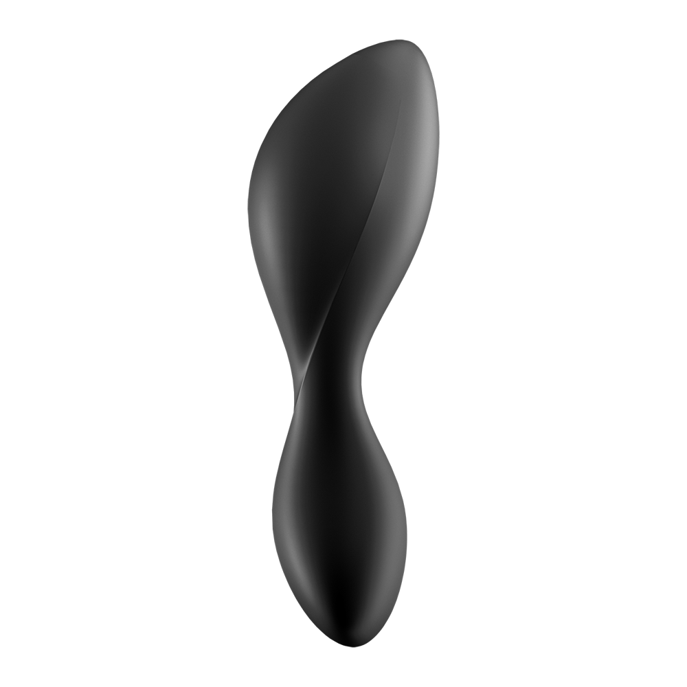 Black silicone anal vibrator with a twisted, ergonomic shape.