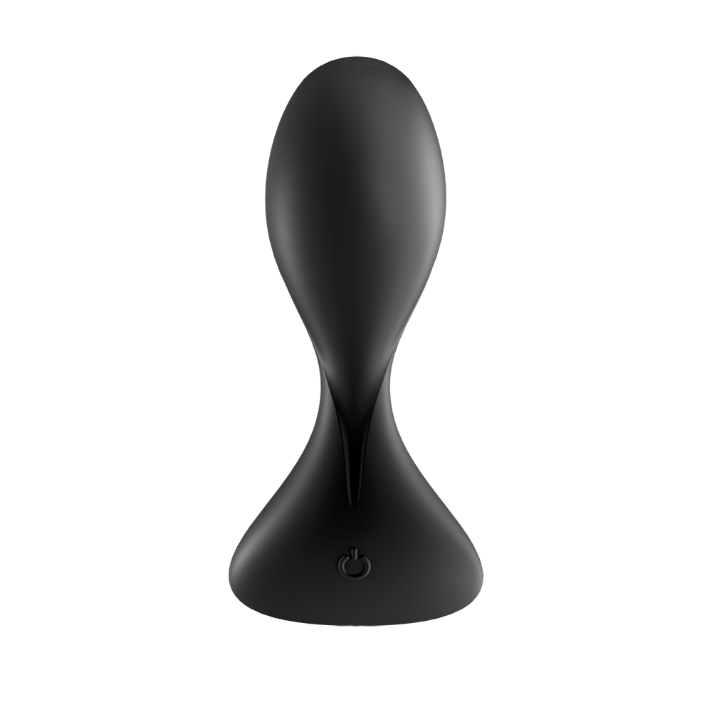 Black silicone app-controlled anal vibrator with a power button.