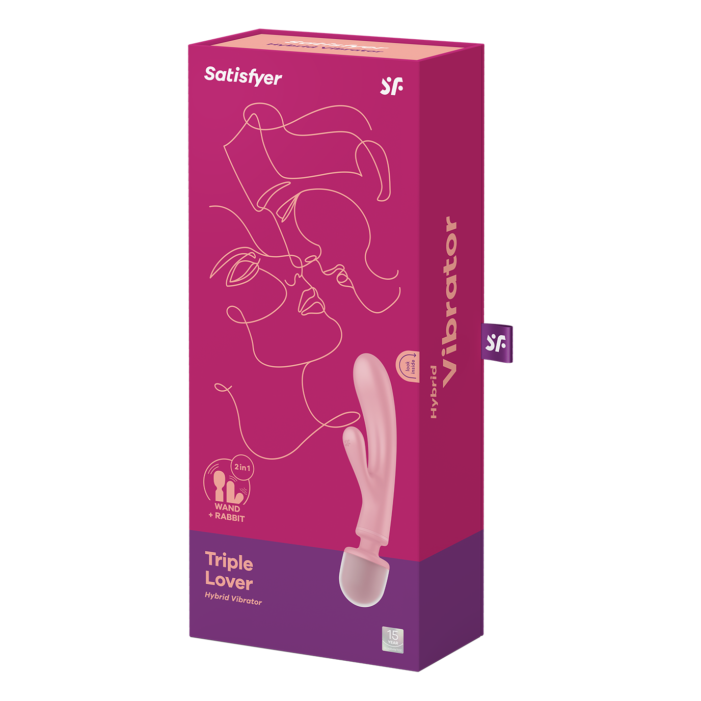 Satisfyer Triple Lover pink hybrid wand and rabbit vibrator on box.
