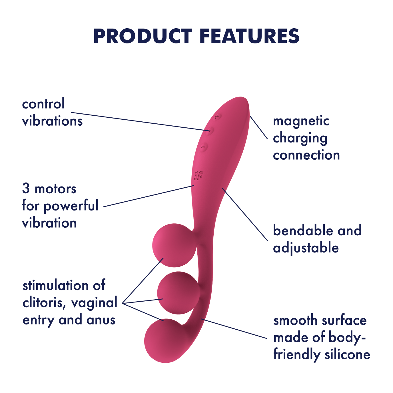 Pink triple motor vibrator with bendable shaft and smooth silicone surface.