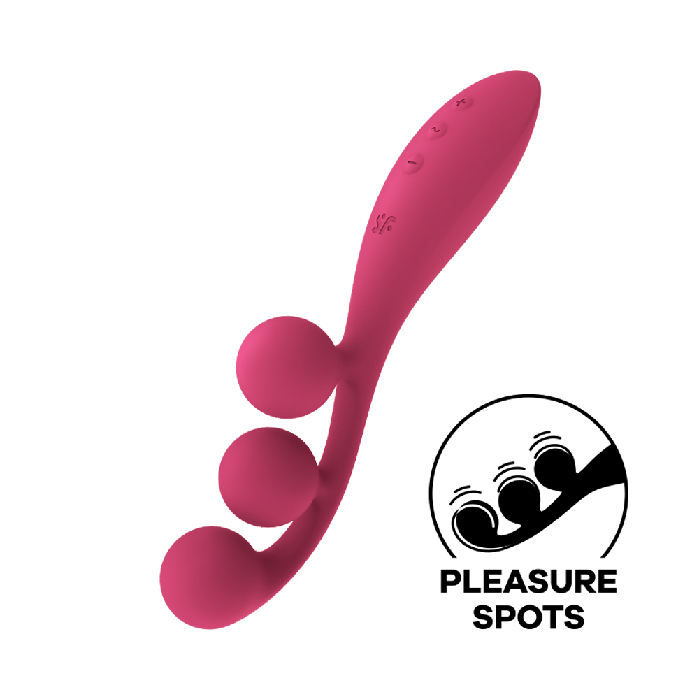 A pink silicone vibrator with three balls and control buttons.