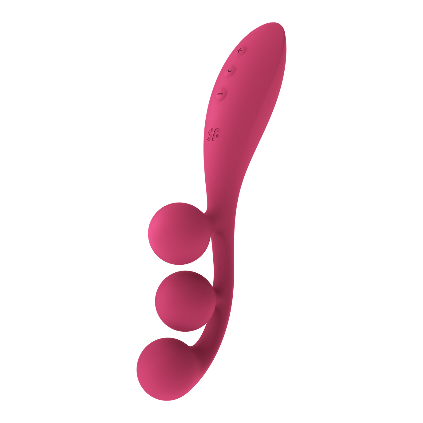 Pink silicone vibrator with three balls and control buttons.