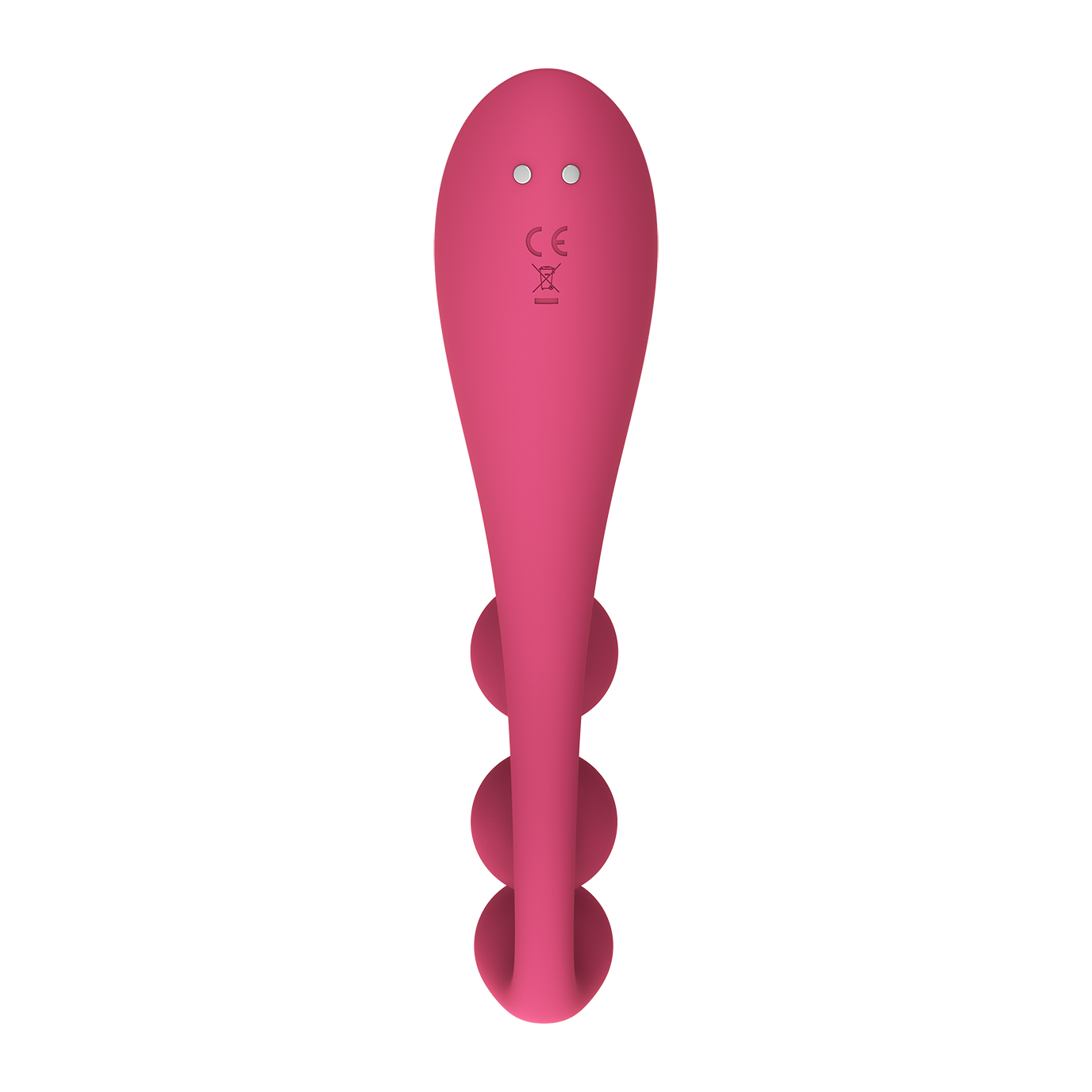 Pink silicone vibrator with three textured balls and CE marking.