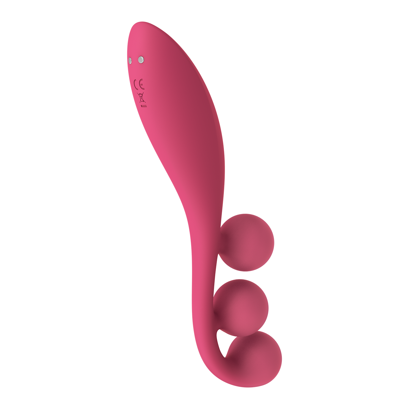A pink silicone vibrator with three textured balls and a curved handle.