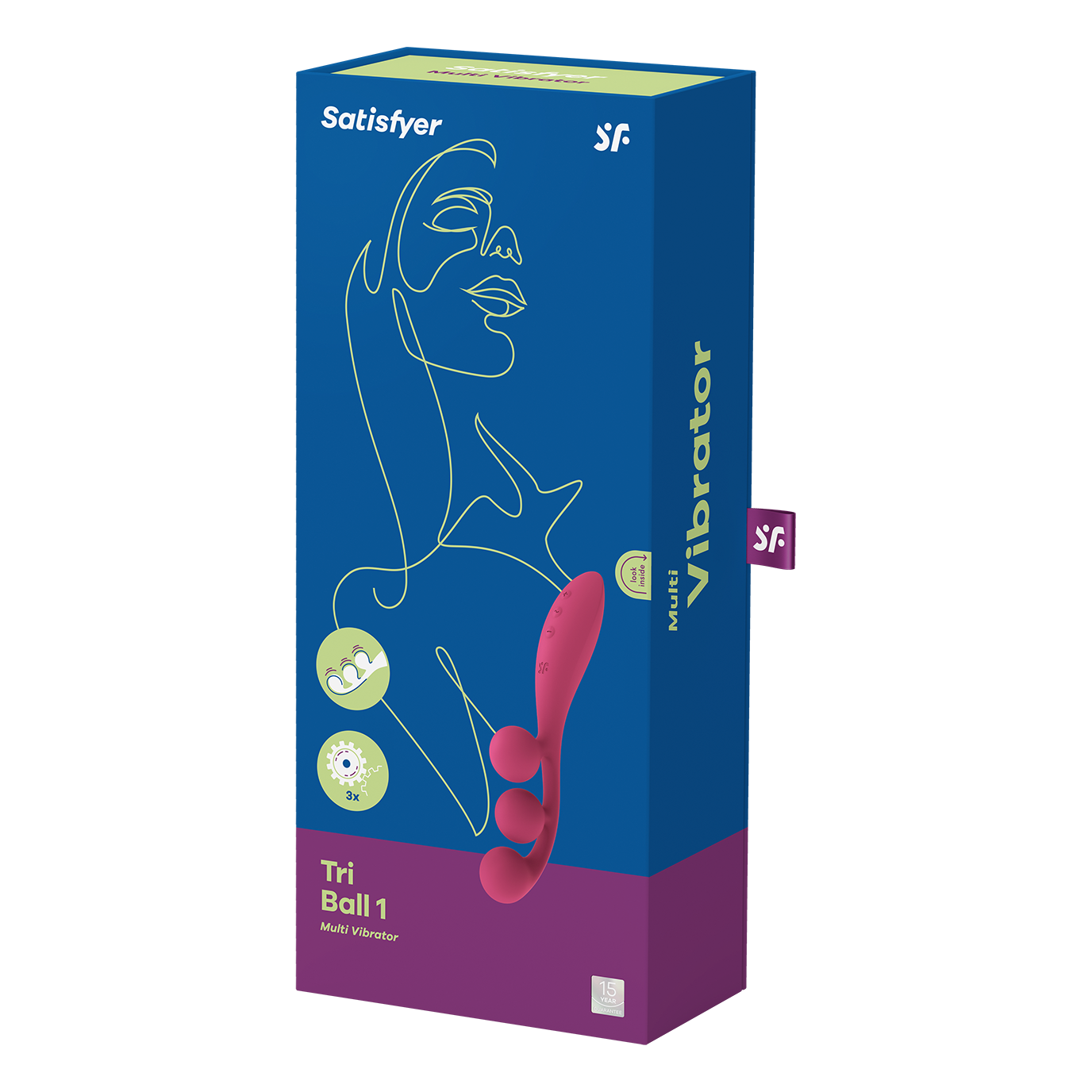 Satisfyer Tri Ball 1 vibrator in pink on a blue and purple box.