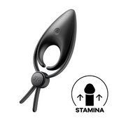 Black vibrating cock ring with adjustable loop and stamina icon.