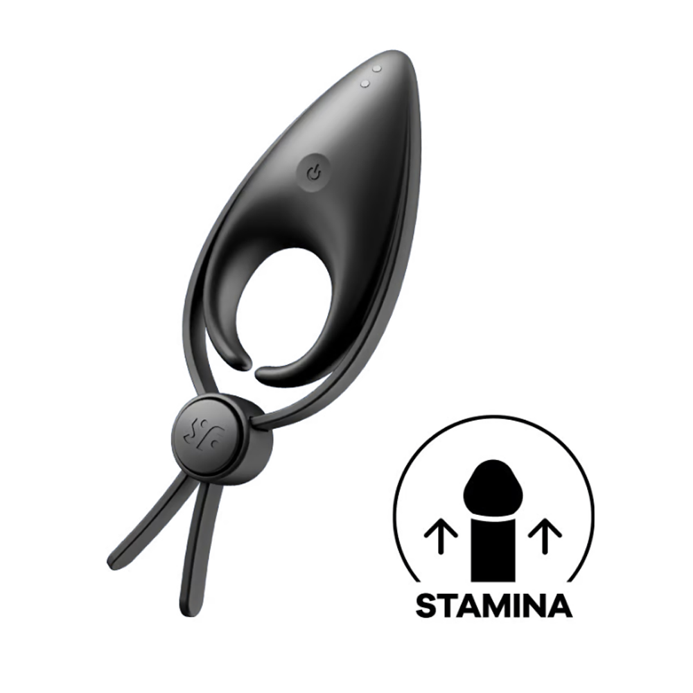 Black vibrating cock ring with adjustable loop and stamina icon.