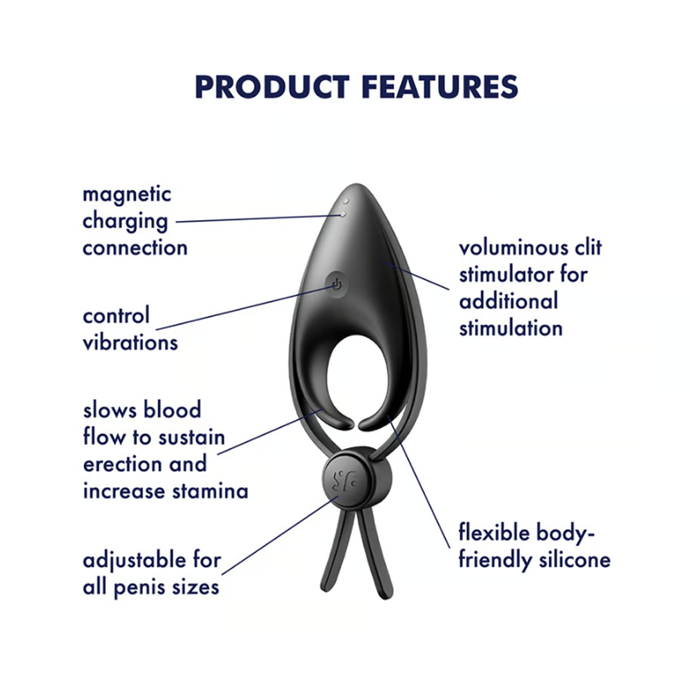 Black silicone vibrating cock ring with clitoral stimulator and adjustable loop.