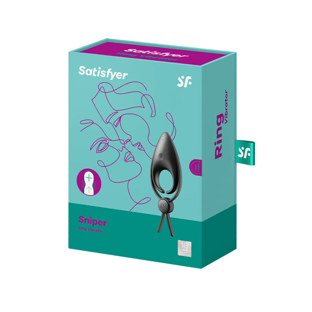 Satisfyer Sniper vibrating cock ring in black silicone with adjustable loop.