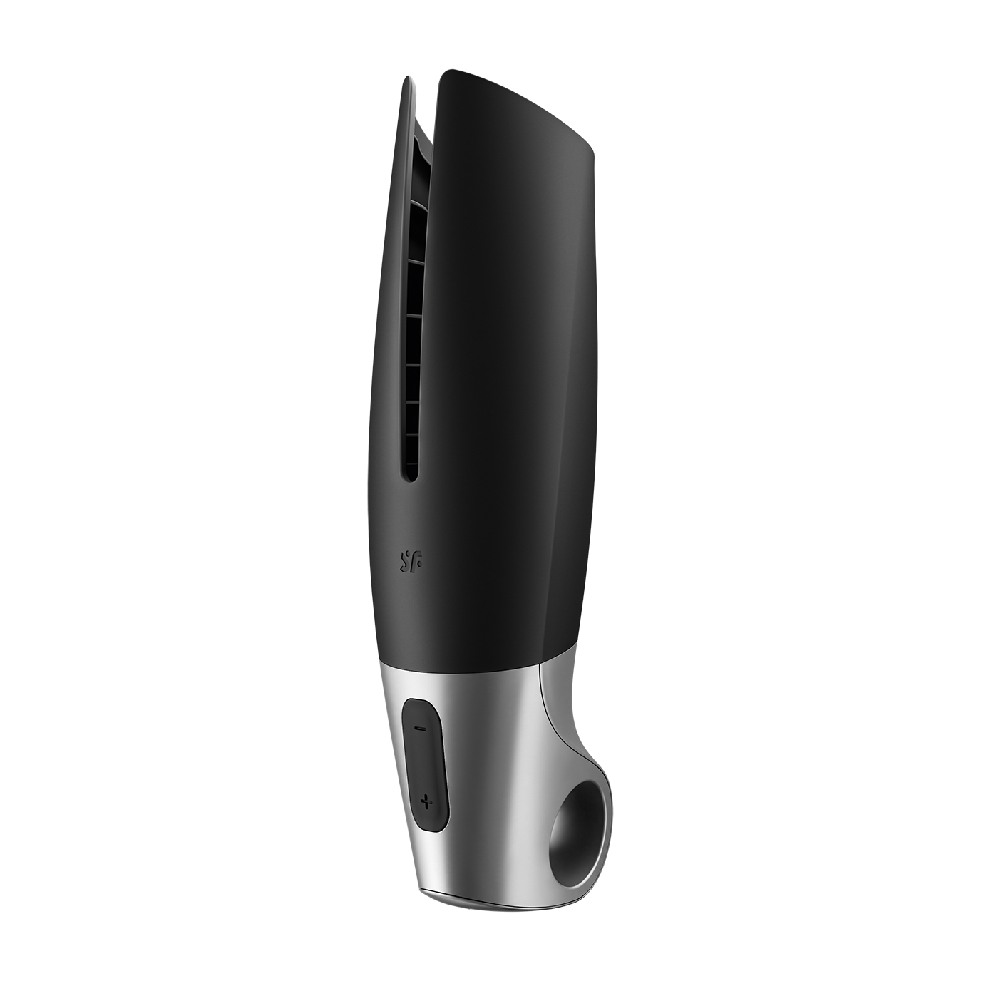 Black and silver app-controlled vibrating masturbator with buttons.