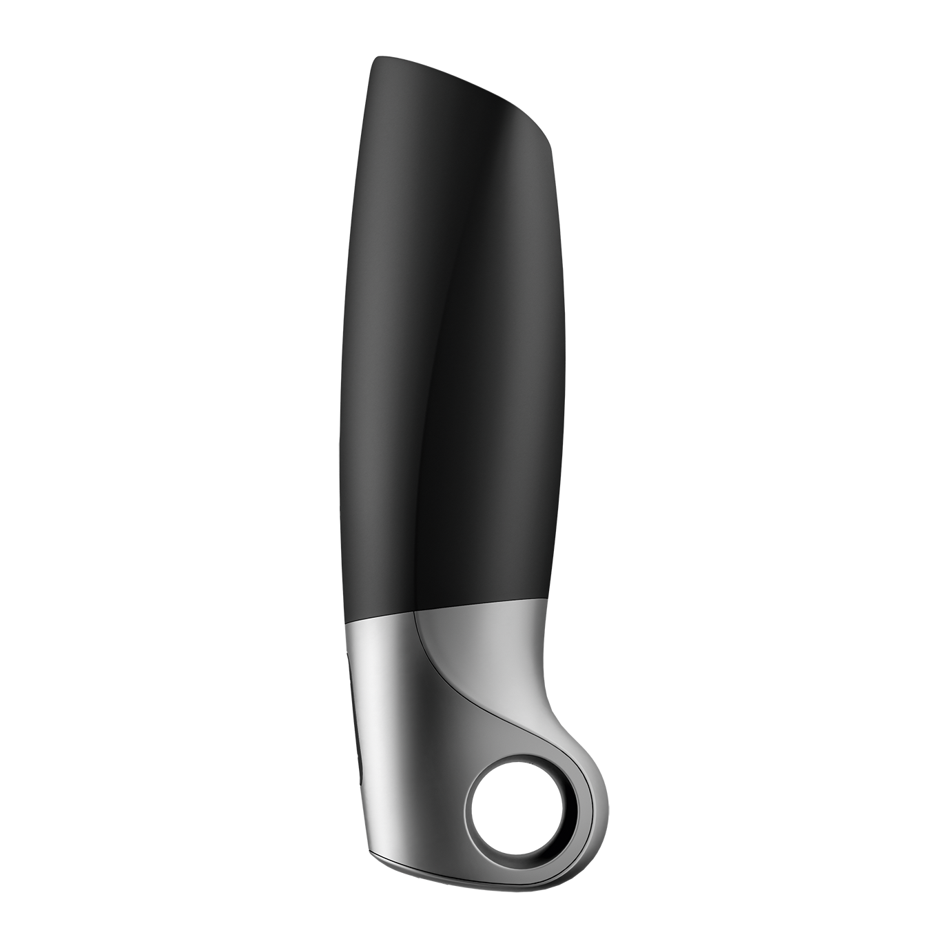 Black and silver vibrating masturbator with a loop at the bottom.