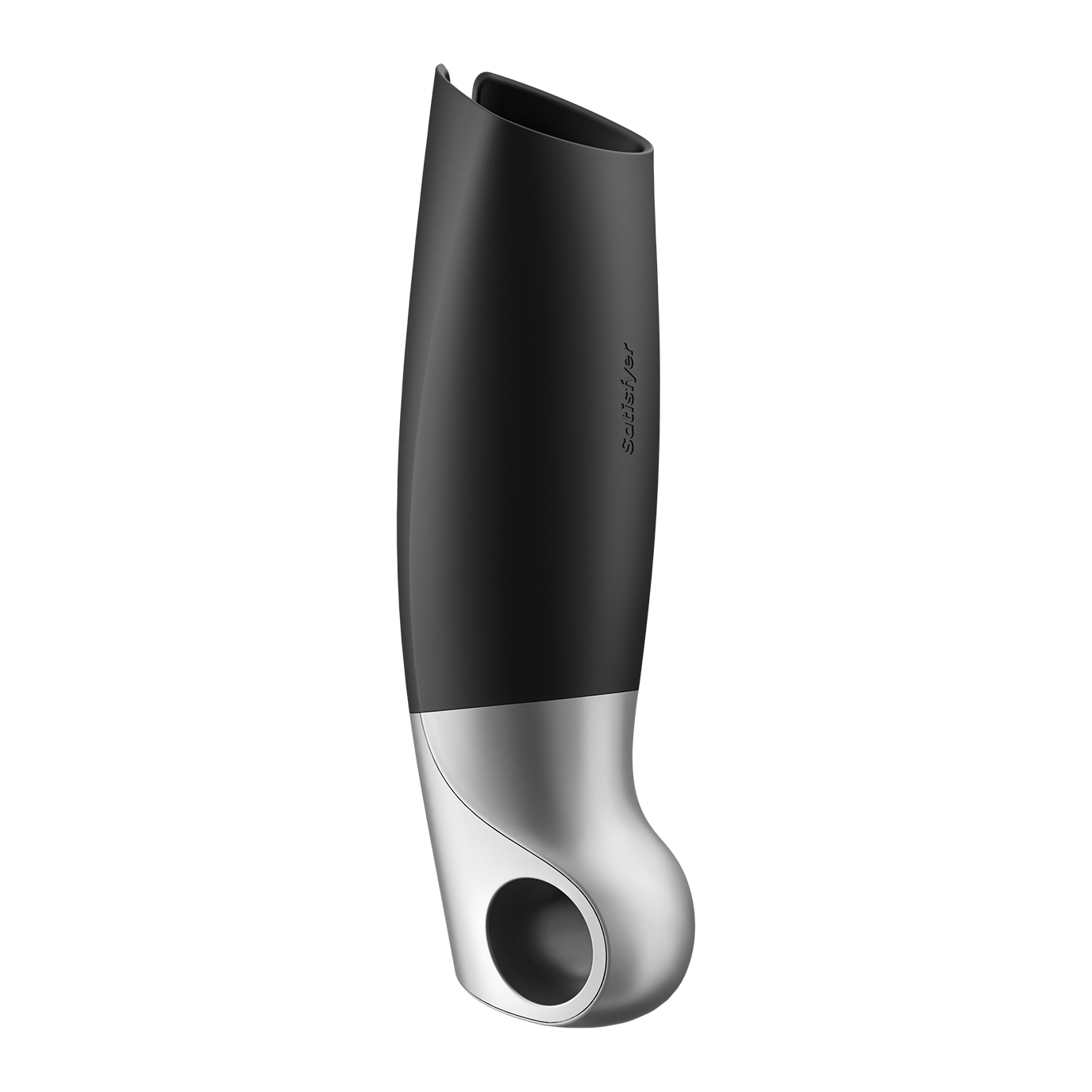 Satisfyer Power App-Controlled Vibrating Masturbator in black and silver.