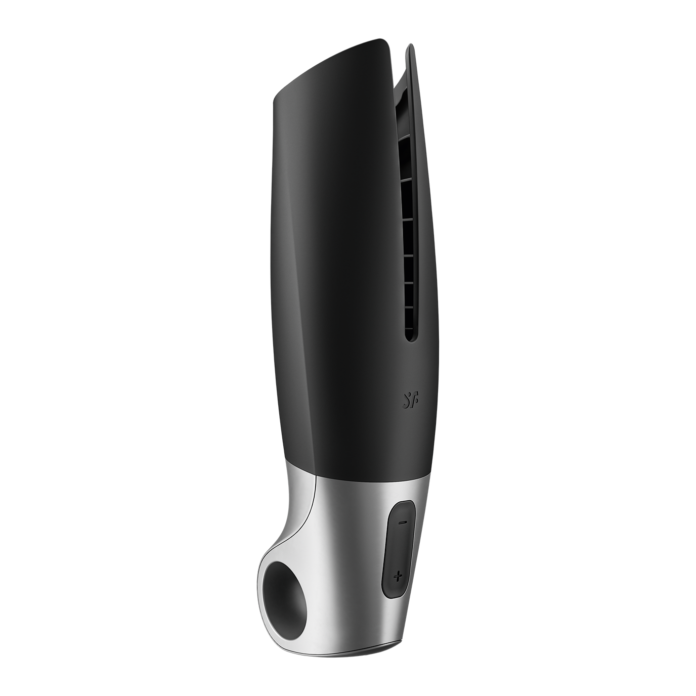 Satisfyer Power App-Controlled Vibrating Masturbator with silver base and black top.