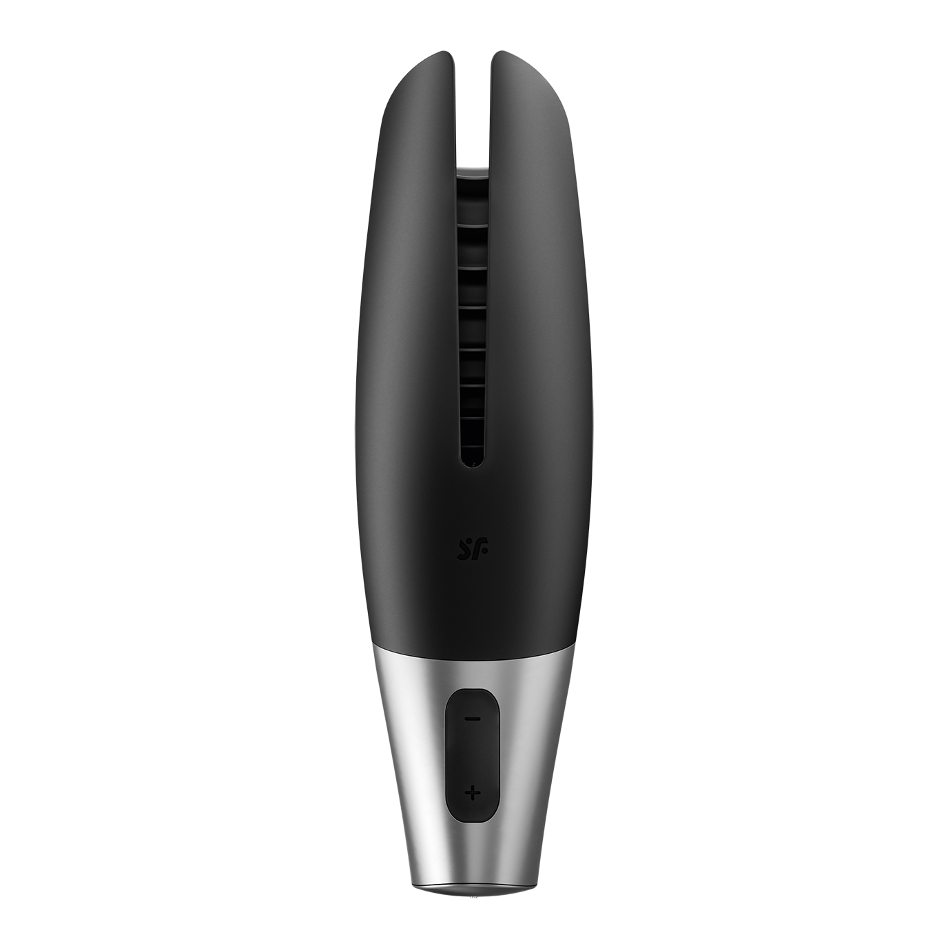 Black and silver vibrating masturbator with buttons.