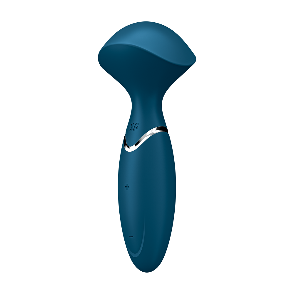 Blue silicone mini wand massager with silver accent and control buttons.