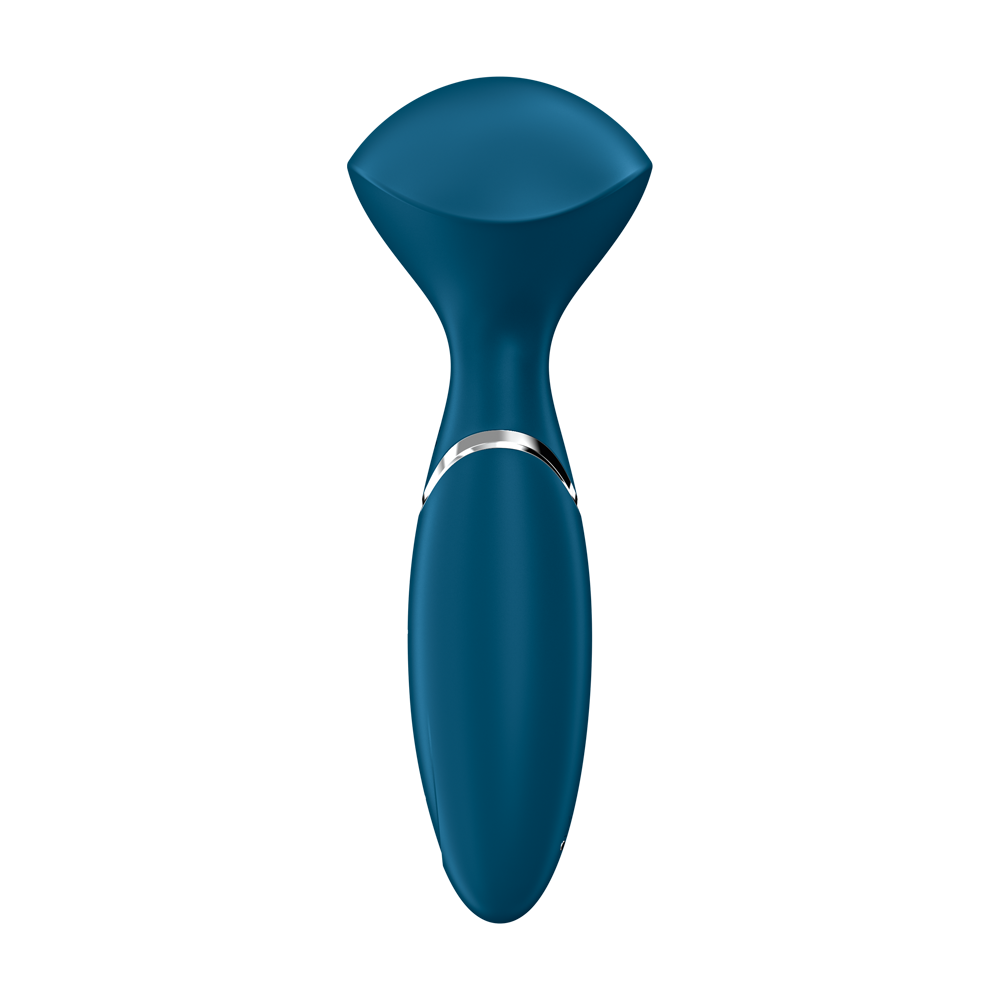 Blue silicone mini wand massager with a silver band.