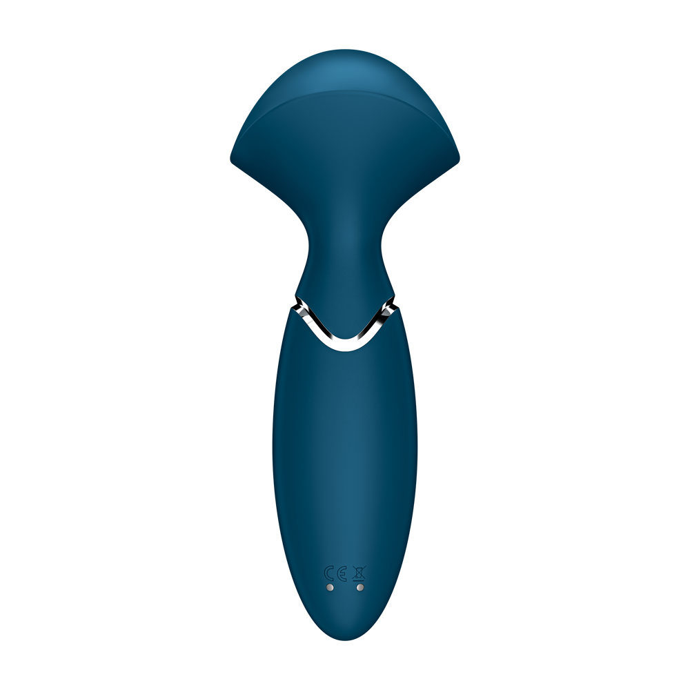Blue silicone mini wand massager with CE marking.